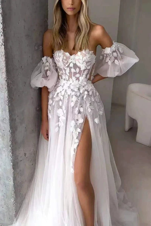 #LY9210 A Line Lace Flower Wedding Dress With Detachable Sleeves