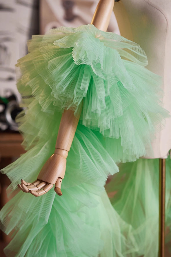Fresh Sage Green Plisse Tulle Performance Cape Runway Costumes Outfit