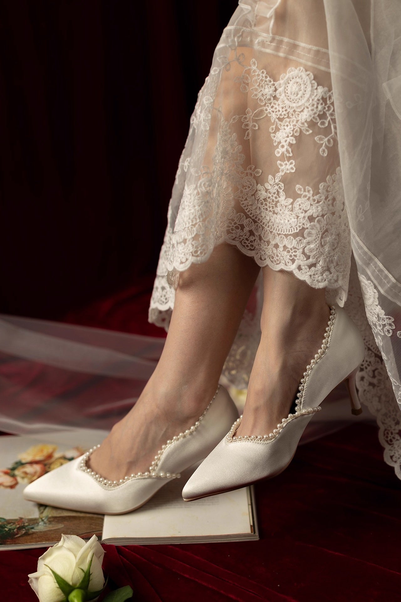 shoes to wear with a lace wedding dress Silk Satin Pearl Wedding Shoes High Heel – TANYA BRIDAL