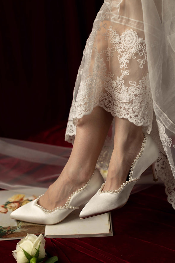 Silk Satin Pearl Wedding Shoes High Heel