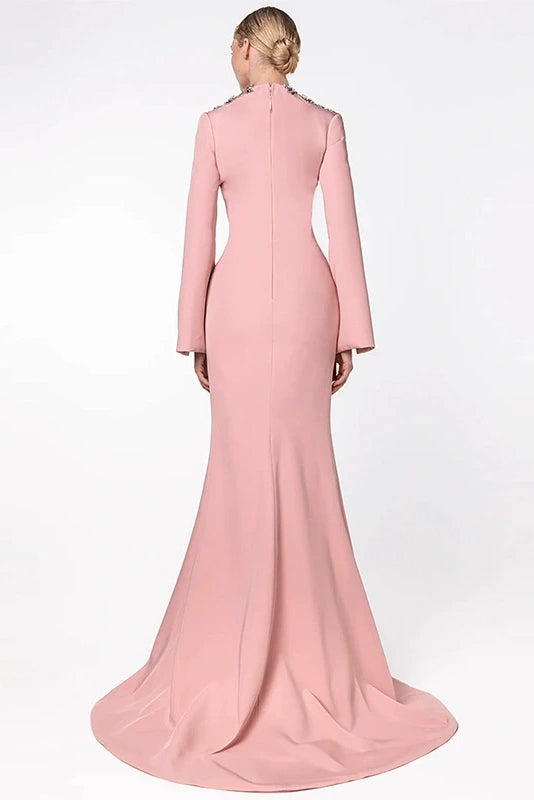 #DZ9380 Pearl Pink Long Sleeves Evening Dress With Crystal