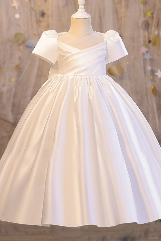 Rond Neck Short Sleeves Satin Flower Girl Dress