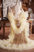 Light Yellow Plisse Tulle Performance Cape Runway Costumes Outfit