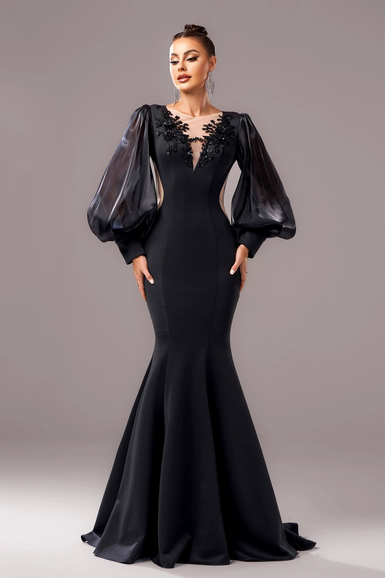 V Neck Mermaid Long Sleeves Elegant Evening Dress TANYA BRIDAL V Neck Mermaid Long Sleeves Elegant Evening Dress TANYA BRIDAL