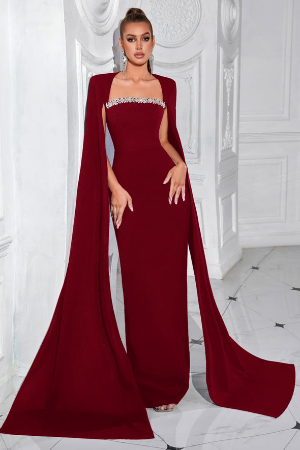 Burgundy Long Mermaid Evening Dress With Cape