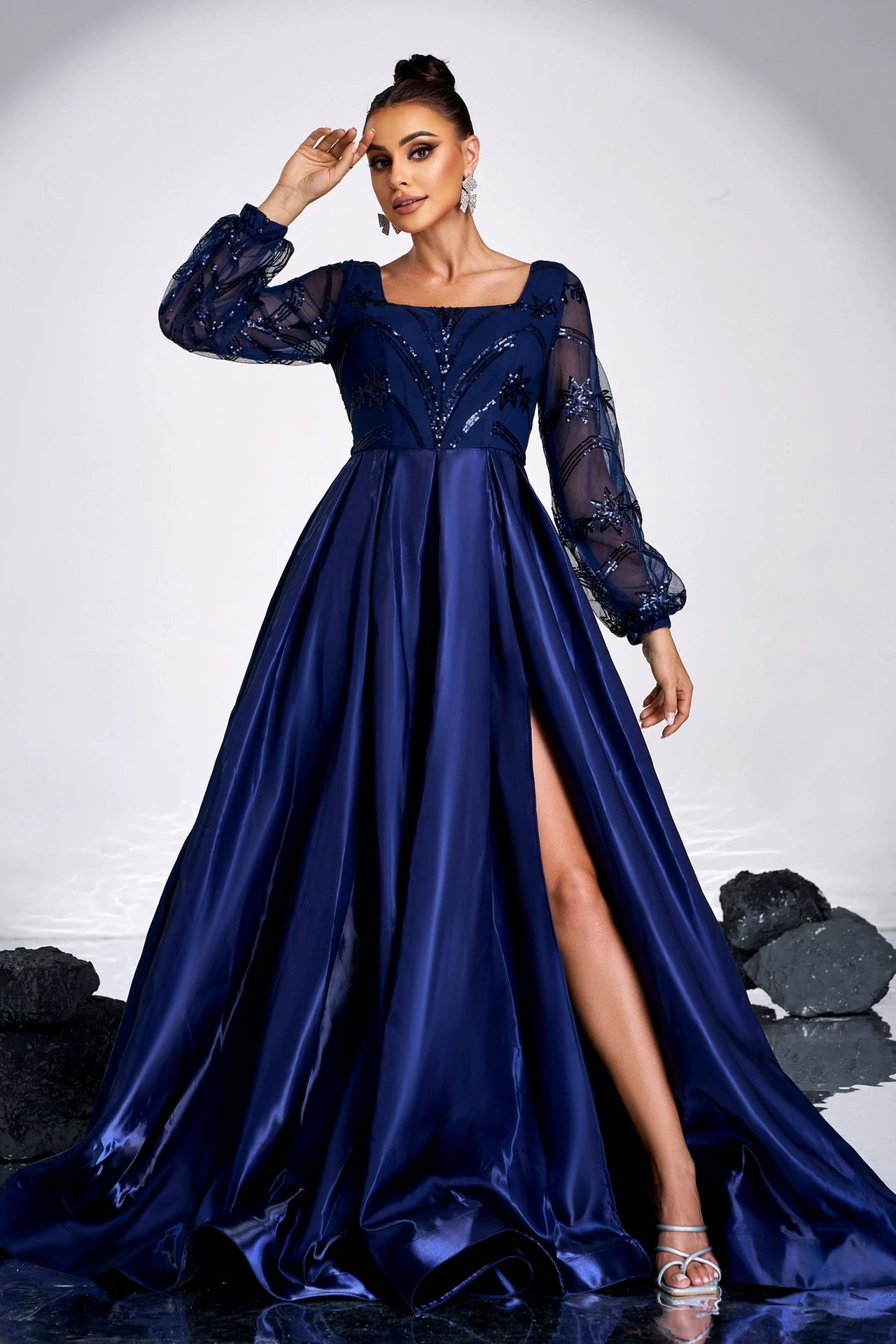 Navy Blue Square Neck Long Sleeves Sparkly Satin Evening Dress - Navy Blue Square Neck Long Sleeves Sparkly Satin Evening Dress -