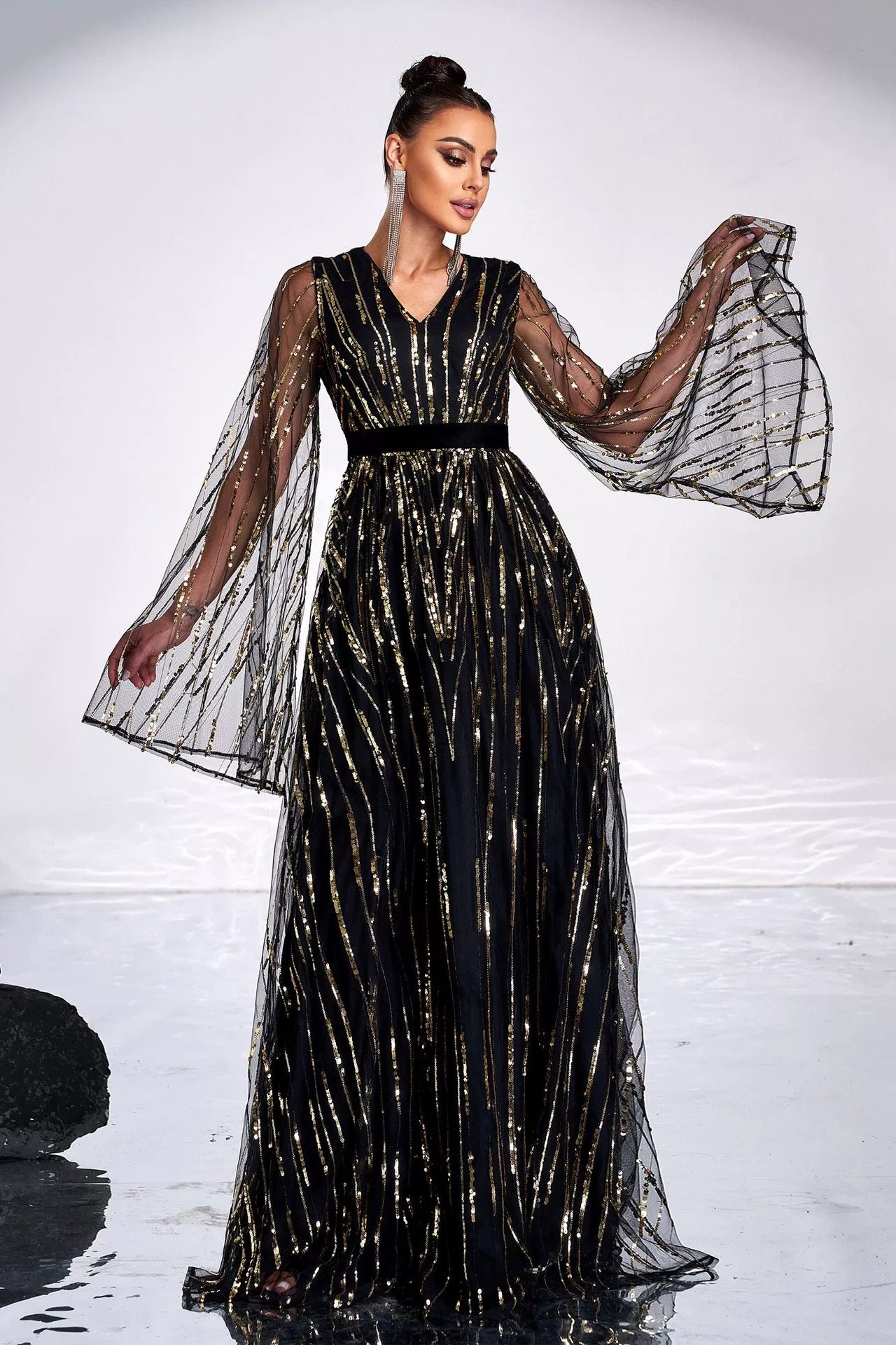 V Neck Black Evening Dress With Gold Sequins Flare Sleeves TANYA BRIDAL V Neck Black Evening Dress With Gold Sequins Flare Sleeves TANYA BRIDAL
