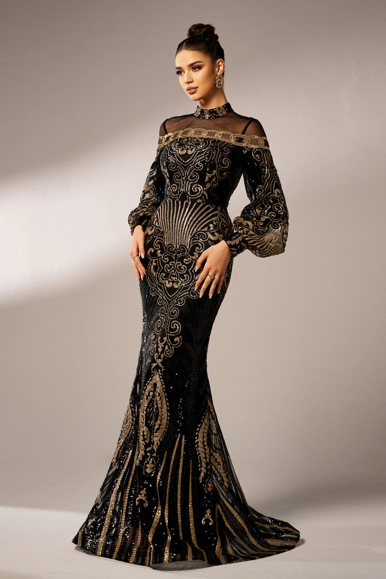 Black Gold Sequins Luxury Long Women Evening Gown TANYA BRIDAL Black Gold Sequins Luxury Long Women Evening Gown TANYA BRIDAL