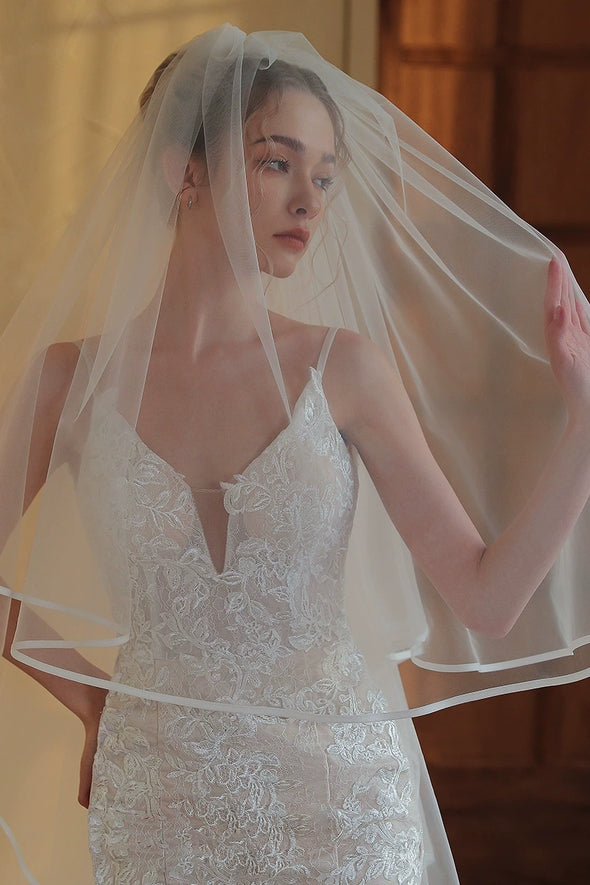 V395 long wedding dress, bride's veil, double-layer edging, 3 meters
