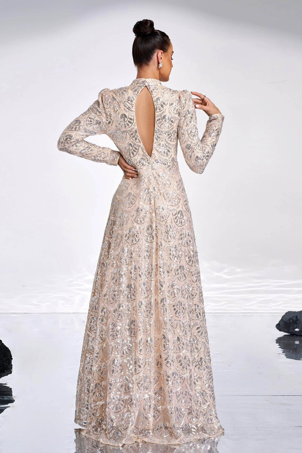 Champagne Long Evening Dress With Silver Sequins Lady Gown TANYA BRIDAL Champagne Long Evening Dress With Silver Sequins Lady Gown TANYA BRIDAL