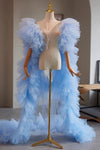 Light Sky Blue Plisse Tulle Cape Performance Runway Costumes Outfit