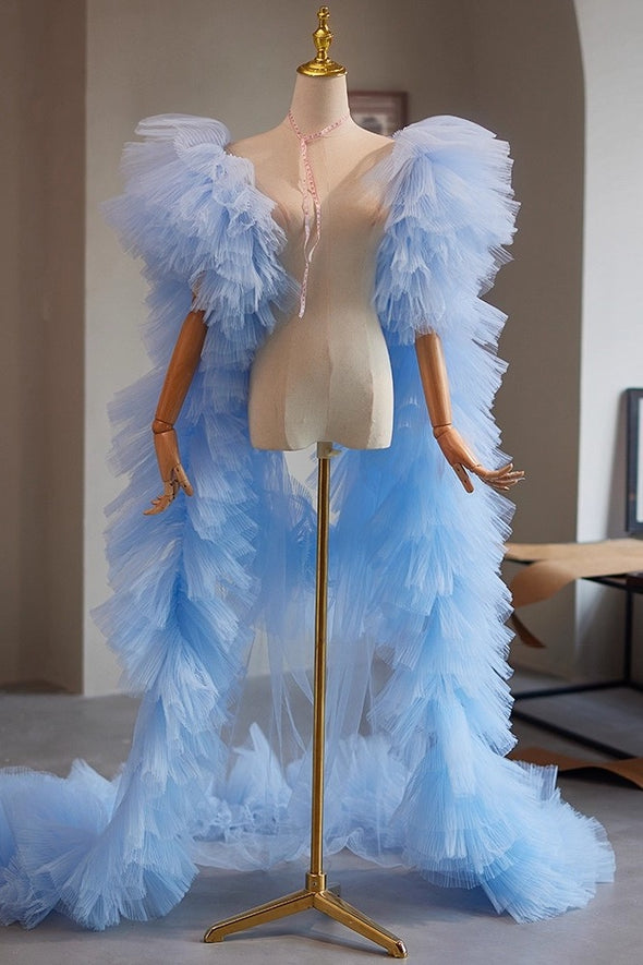 Light Sky Blue Plisse Tulle Cape Performance Runway Costumes Outfit