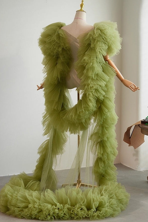 Light Olive Green Plisse Tulle Cape Performance Runway Costumes Outfit TANYA BRIDAL Light Olive Green Plisse Tulle Cape Performance Runway Costumes Outfit TANYA BRIDAL