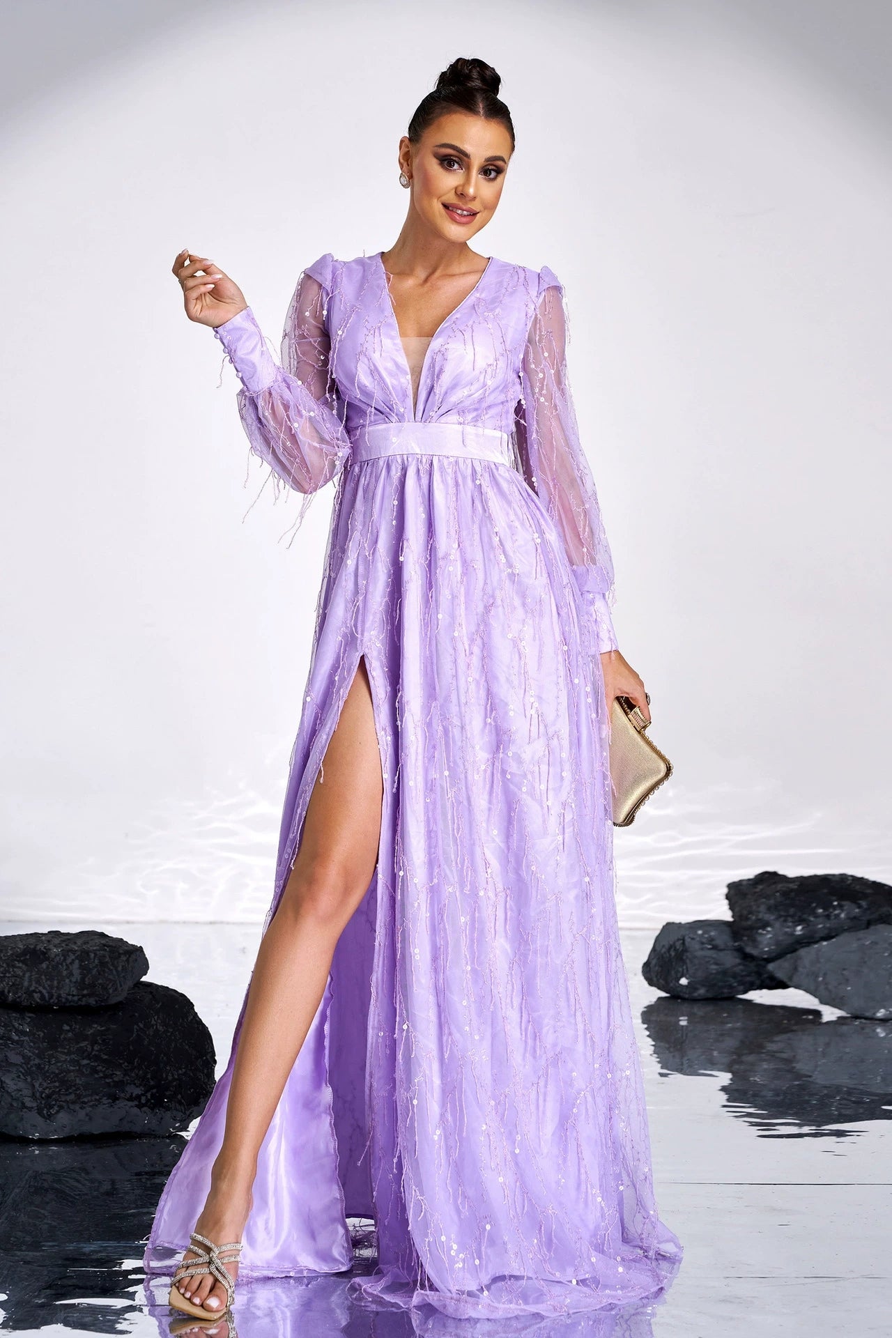Lavender Long Sleeves V-neck Prom Dress TANYA BRIDAL Lavender Long Sleeves V-neck Prom Dress TANYA BRIDAL