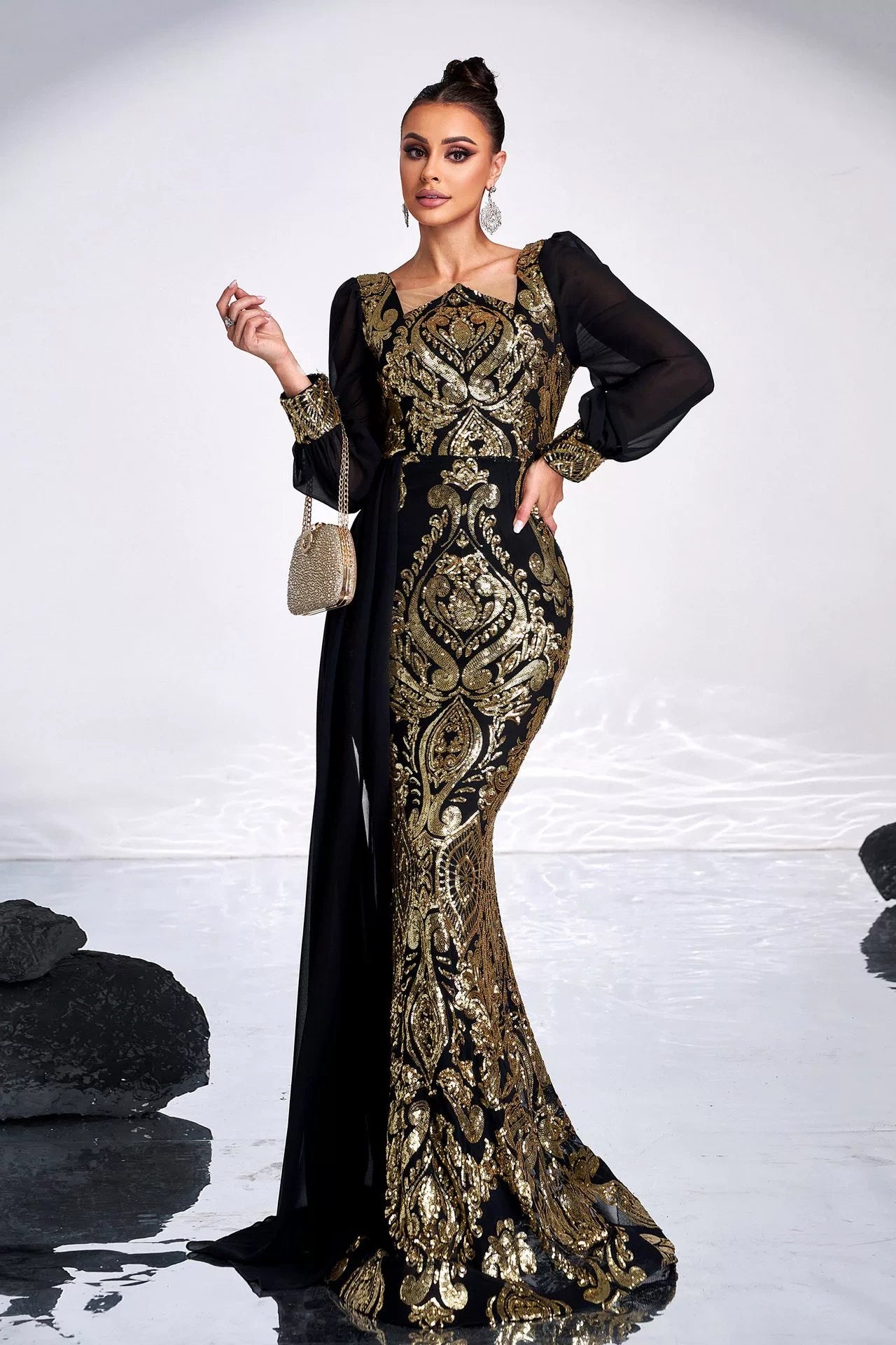 Long Sleeves Black Dress With Gold Sequins Mermaid Style TANYA BRIDAL Long Sleeves Black Dress With Gold Sequins Mermaid Style TANYA BRIDAL