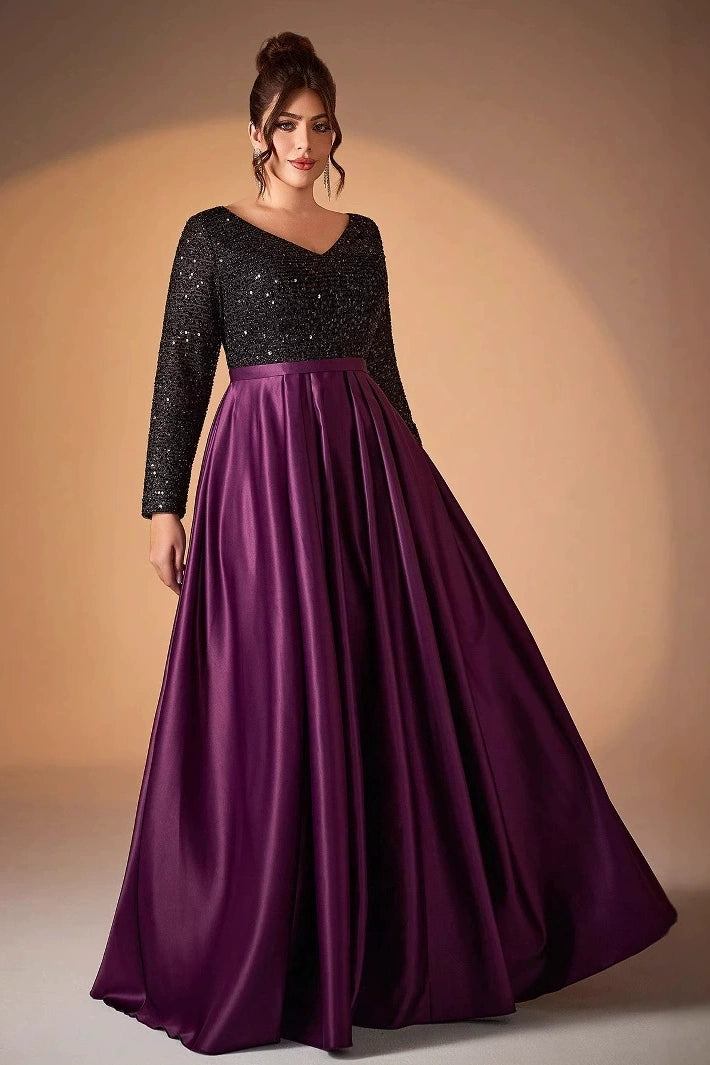 DZ9453 Long Sleeves Black Sequins Plus Size Purple Evening Dress – TANYA BRIDAL