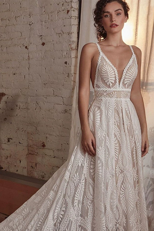 Luxury Boho Lace Wedding Dress Detachable Long Sleeve