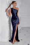 One Shoulder Navy Blue Long Mermaid Evening Dress
