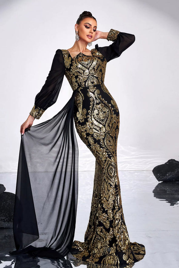 Long Sleeves Black Dress With Gold Sequins Mermaid Style – TANYA BRIDAL