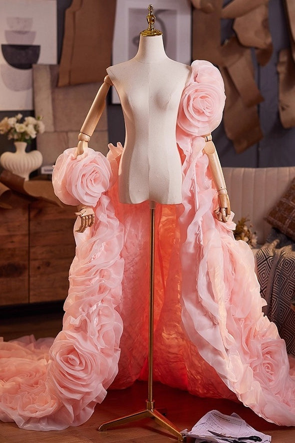 Pink Performance 3D Rose Flower Cape Luxury Runway Costumes Outfit
