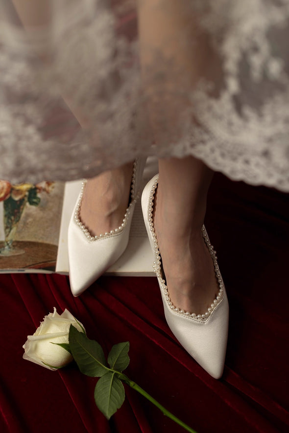 Silk Satin Pearl Wedding Shoes High Heel