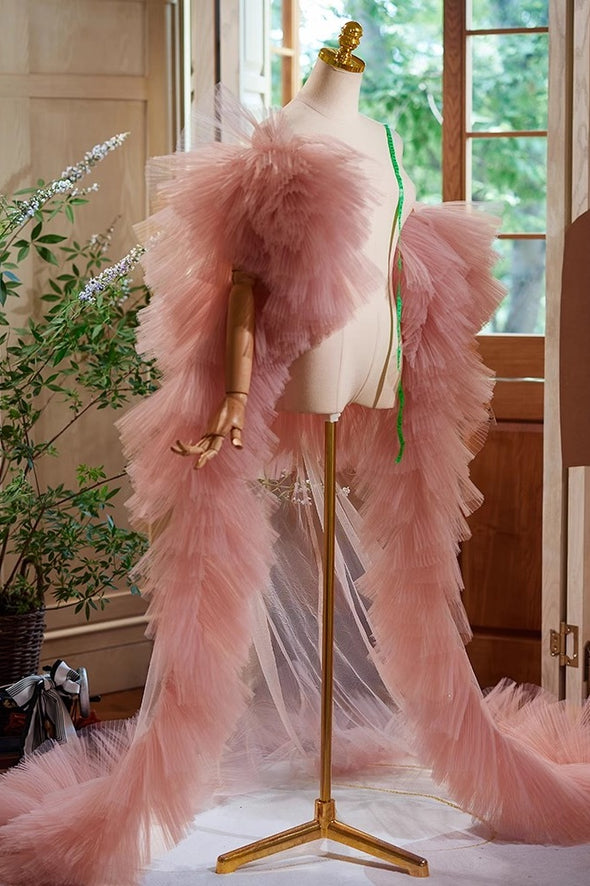 Dusty Pink Plisse Tulle Cape Performance Runway Costumes Outfit