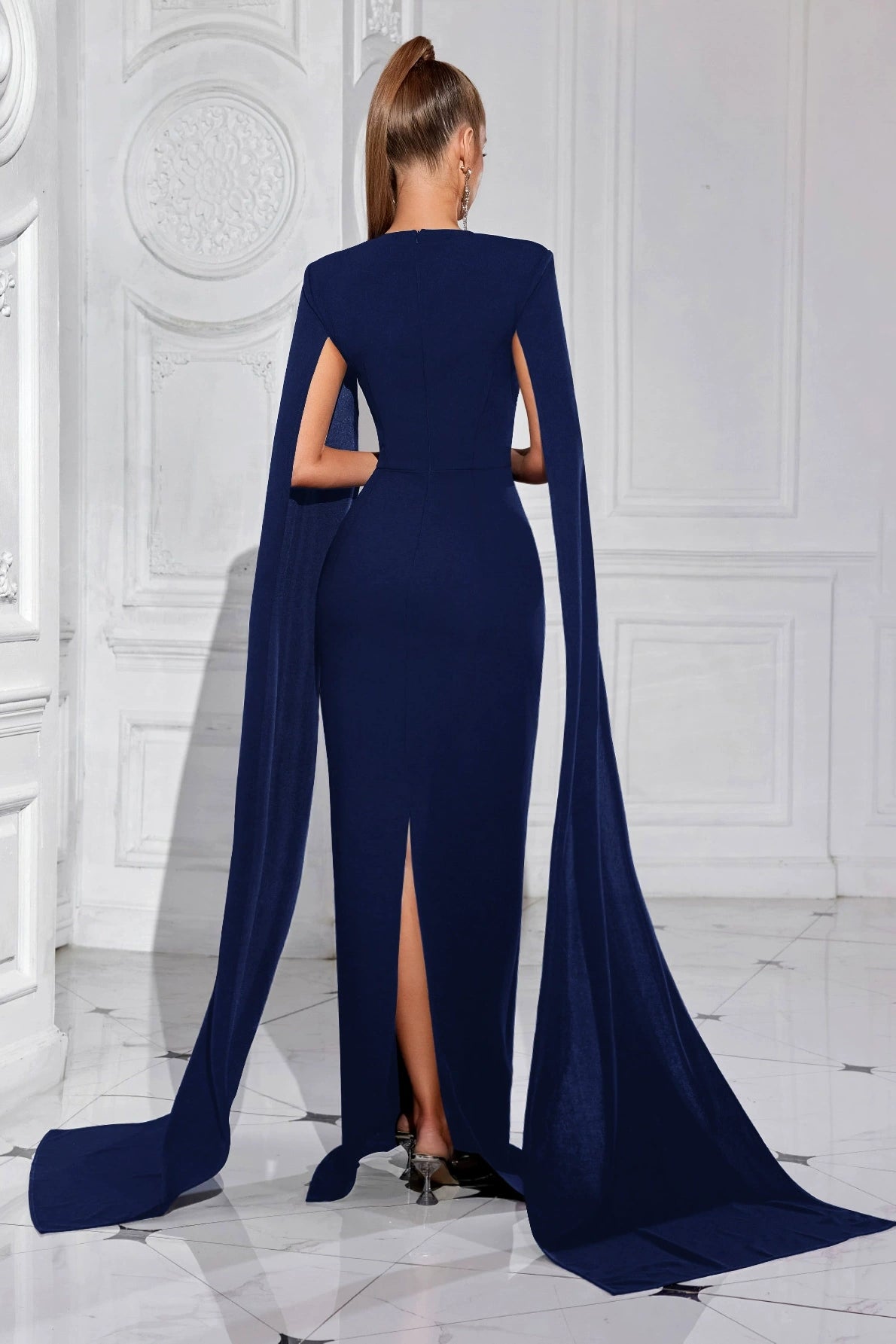 navy blue dress with cape Embroidered velvet Blue dress paired with a cape Blue / US 10