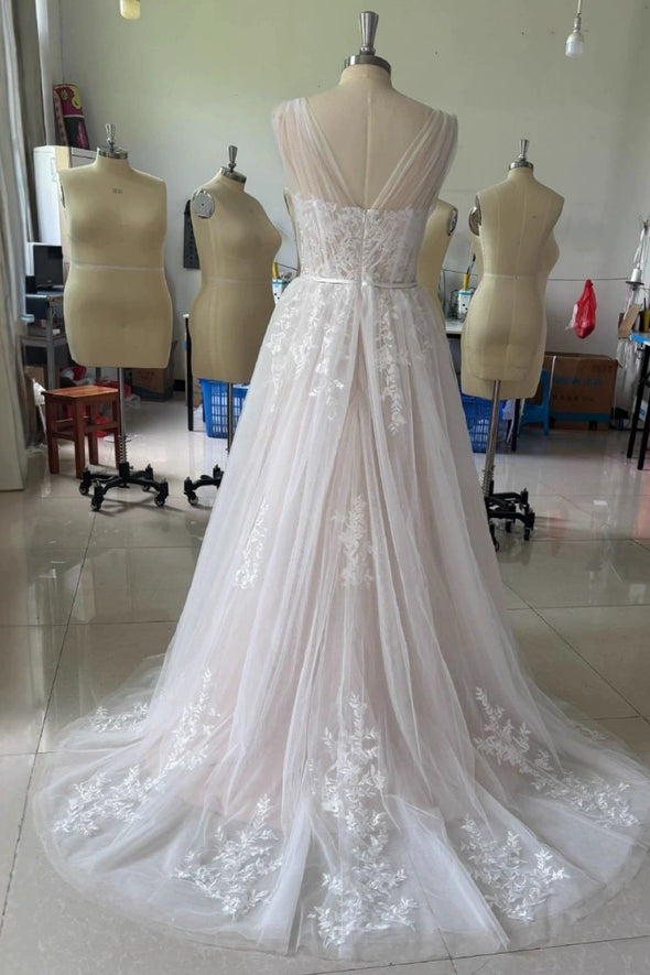 #LY9214 A Line V Neck Long Boho Lace Wedding Dress
