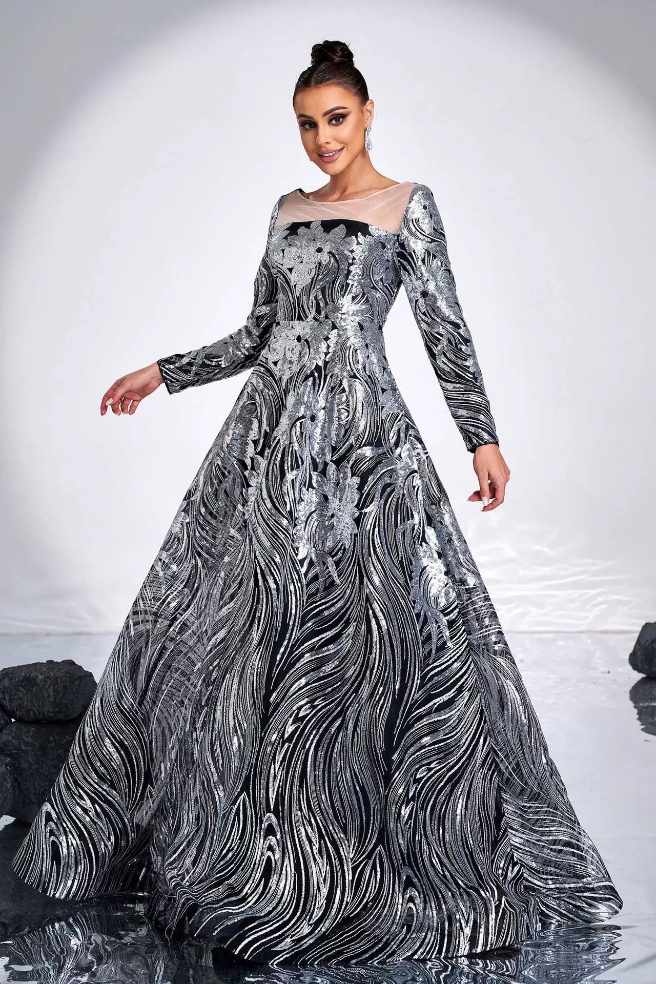 Long Sleeves Scoop Neck Silver Long Evening Dress TANYA BRIDAL Long Sleeves Scoop Neck Silver Long Evening Dress TANYA BRIDAL