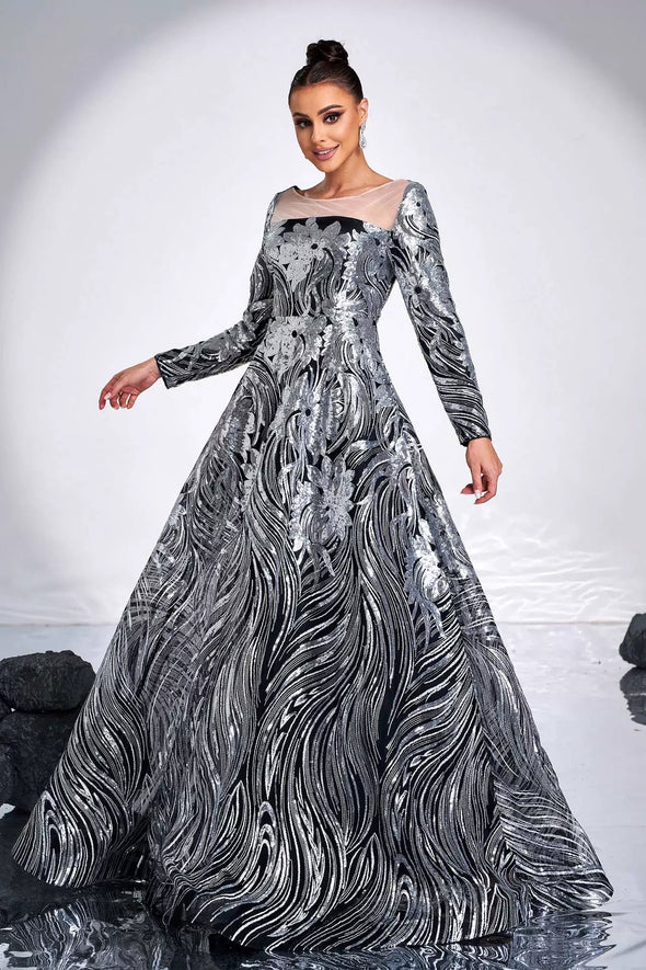 Long Sleeves Scoop Neck Silver Long Evening Dress – TANYA BRIDAL Long Sleeves Scoop Neck Silver Long Evening Dress – TANYA BRIDAL