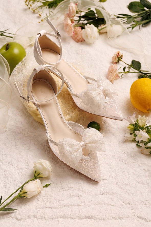Lace Bow Embroidery High Heels Fairy Wedding Shoes