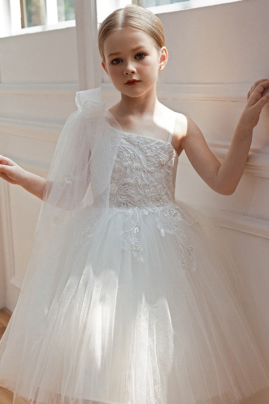 White Flower Girl Dress Lace Appliques One Shoulder White Flower Girl Dress Lace Appliques One Shoulder