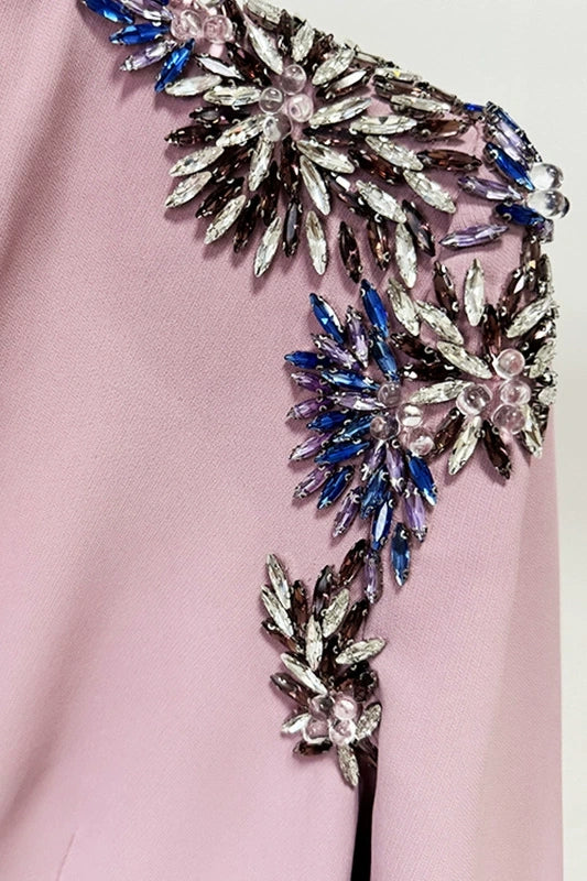 #DZ9380 Pearl Pink Long Sleeves Evening Dress With Crystal