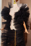 Black Plisse Tulle Cape Performance Runway Costumes Outfit