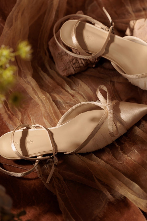 Champagne Mesh Pleated Bow Wedding Shoes