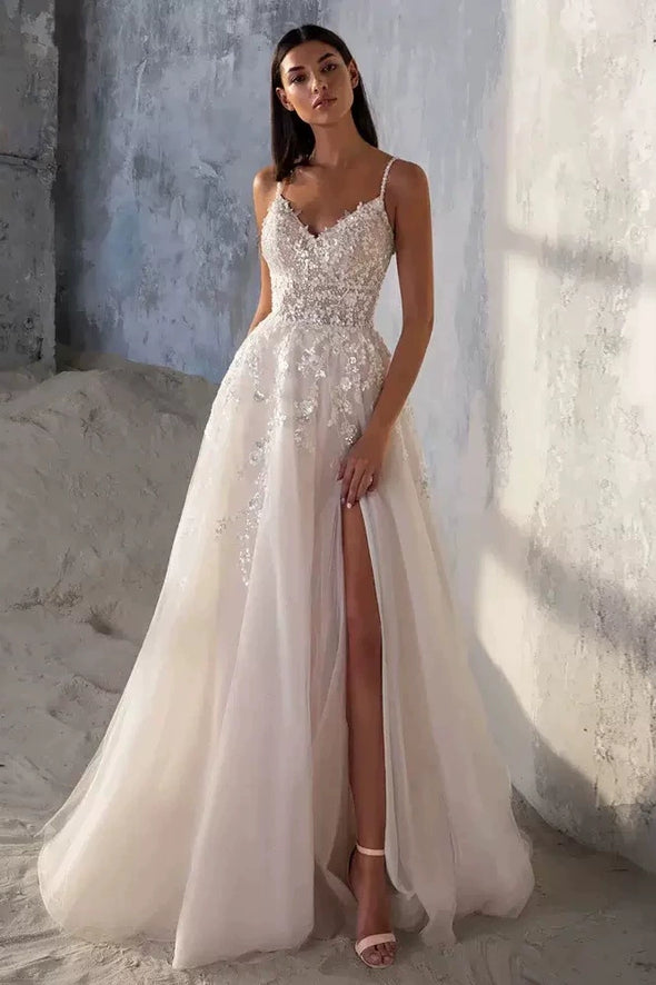#LY9209 A Line Spaghetti Strap Long Lace Appliques Wedding Gown