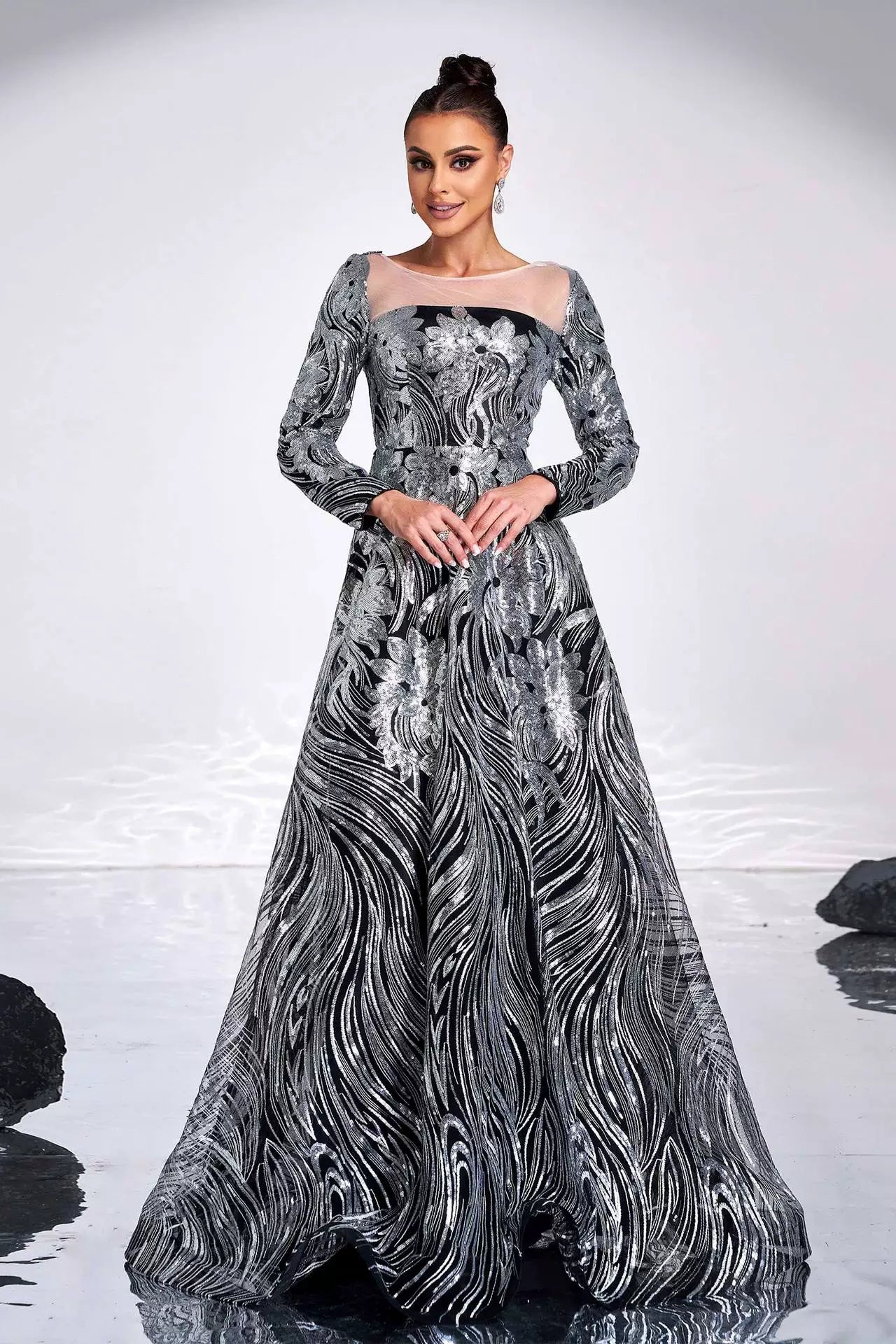Long Sleeves Scoop Neck Silver Long Evening Dress TANYA BRIDAL Long Sleeves Scoop Neck Silver Long Evening Dress TANYA BRIDAL