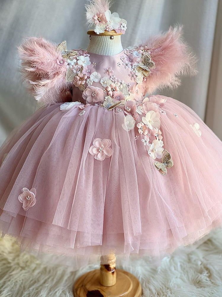 Dusty Pink Flower Girl Dress Party Gown With 3D Flowers Feathers TANYA BRIDAL Dusty Pink Flower Girl Dress Party Gown With 3D Flowers Feathers TANYA BRIDAL