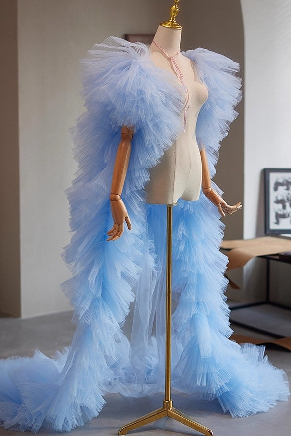 Light Sky Blue Plisse Tulle Cape Performance Runway Costumes Outfit