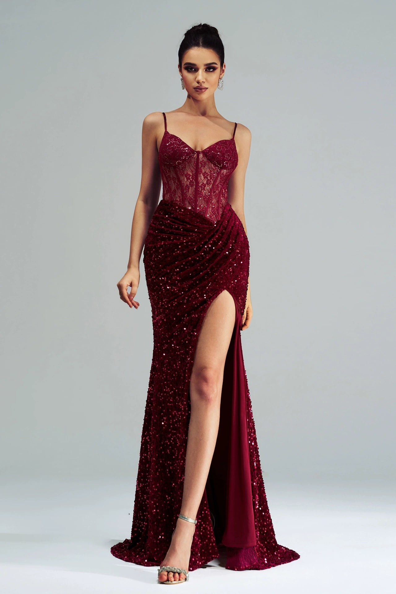 Burgundy Sequins Lace Mermaid Evening Dress With Slit TANYA BRIDAL Burgundy Sequins Lace Mermaid Evening Dress With Slit TANYA BRIDAL