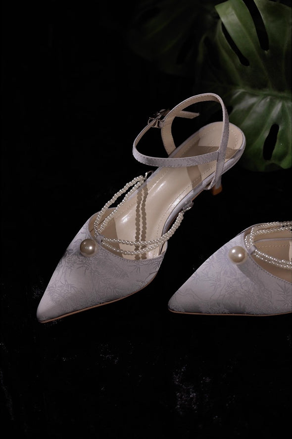 Modest Gray Lace Wedding Shoes High Heel With Pearl
