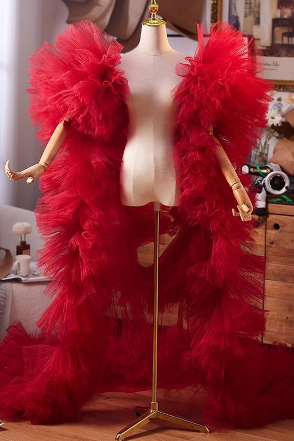 Red Plisse Tulle Performance Cape Runway Costumes Outfit