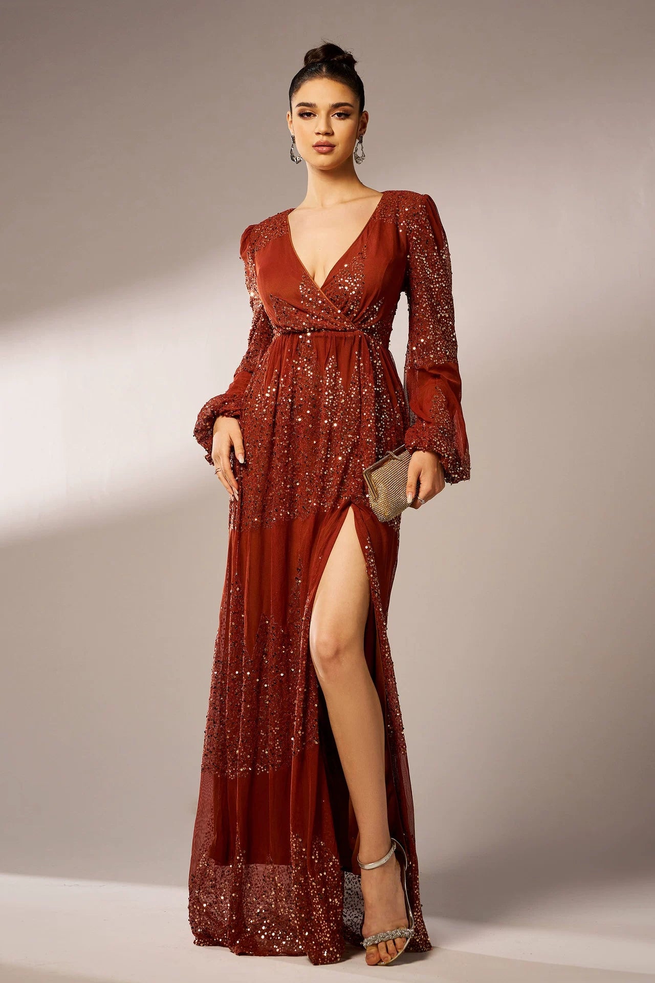 Bling V Neck Chiffon Long Sleeves Sequins Side Split TANYA BRIDAL Bling V Neck Chiffon Long Sleeves Sequins Side Split TANYA BRIDAL