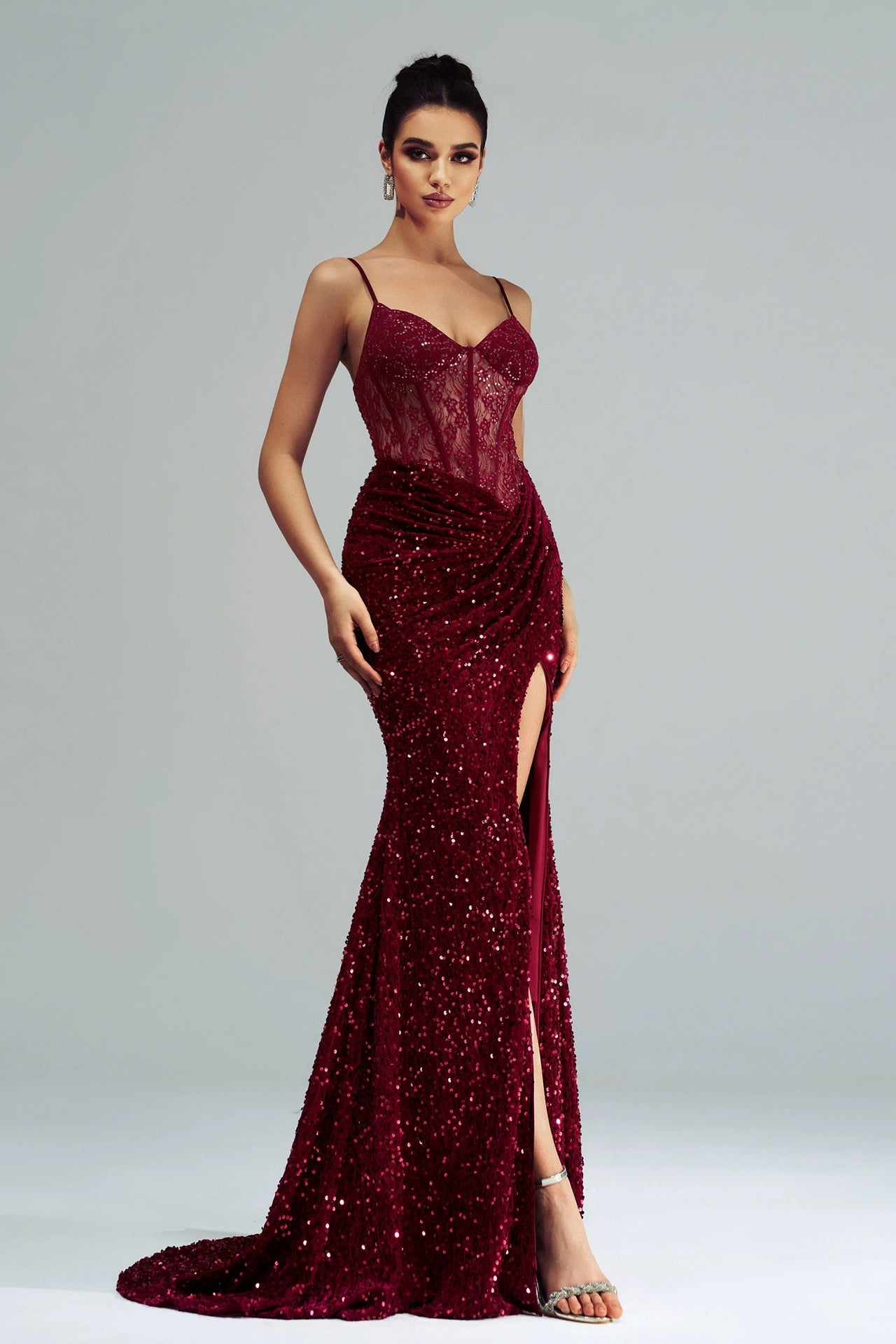 Burgundy Sequins Lace Mermaid Evening Dress With Slit TANYA BRIDAL Burgundy Sequins Lace Mermaid Evening Dress With Slit TANYA BRIDAL