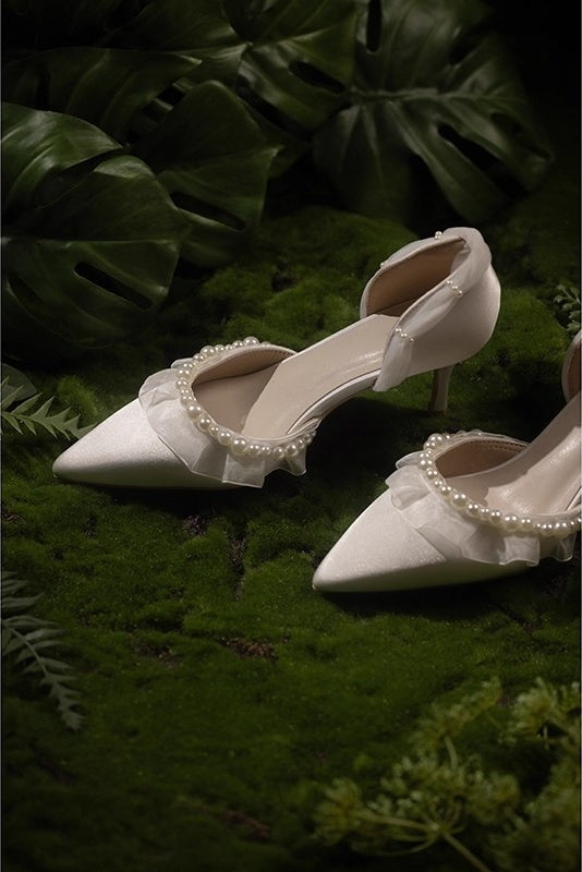 Silk Satin Wedding Shoes High Heel With Pearls