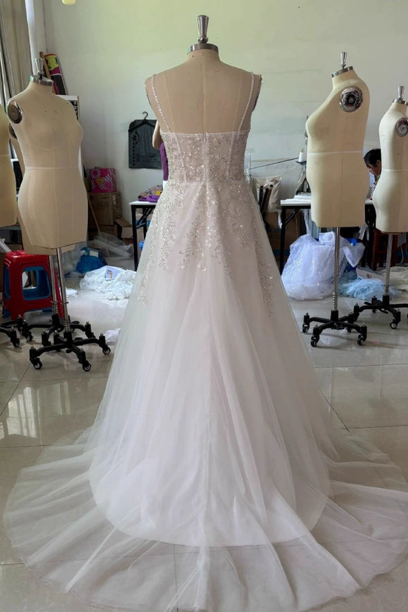 #LY9209 A Line Spaghetti Strap Long Lace Appliques Wedding Gown