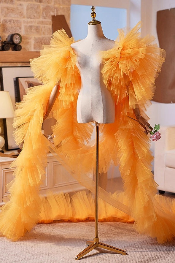 Orange Plisse Tulle Performance Cape Runway Costumes Outfit