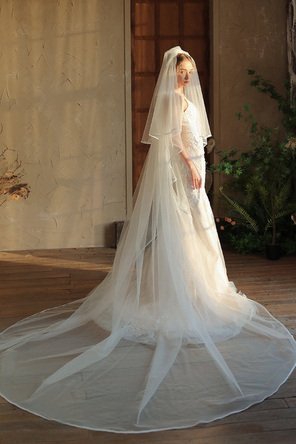 V395 long wedding dress, bride's veil, double-layer edging, 3 meters