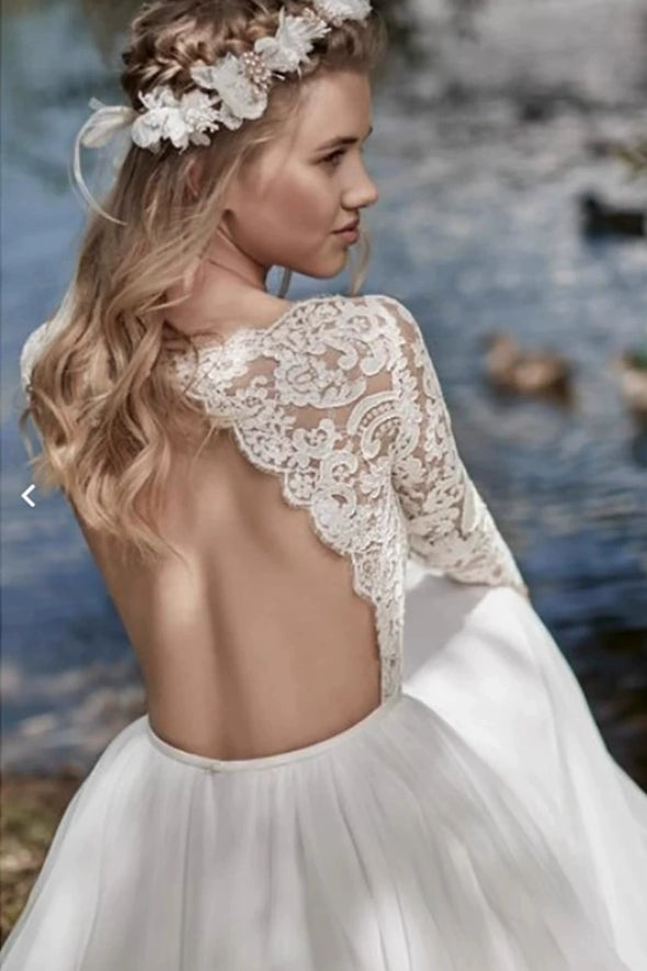 #LY9212 Boho Lace Sleeves Backless Long Chiffon Wedding Dress
