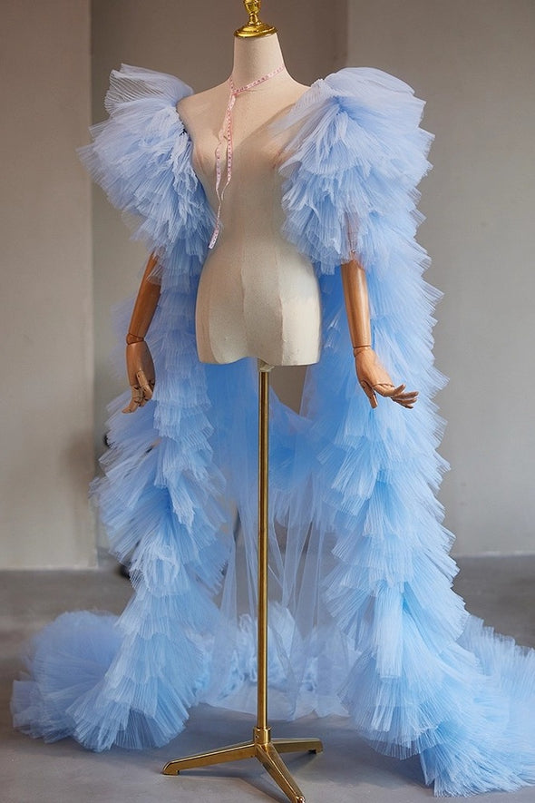 Light Sky Blue Plisse Tulle Cape Performance Runway Costumes Outfit